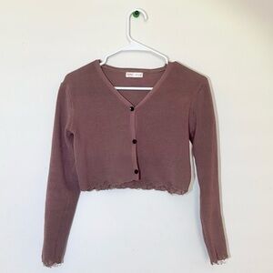 ROMWE Warm-Brown Button-Up Cropped Distressed Sweater